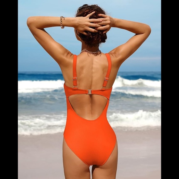 Women’s Orange Ribbed Cutout Scoop One Piece Bathing Suit - Picture 2 of 8